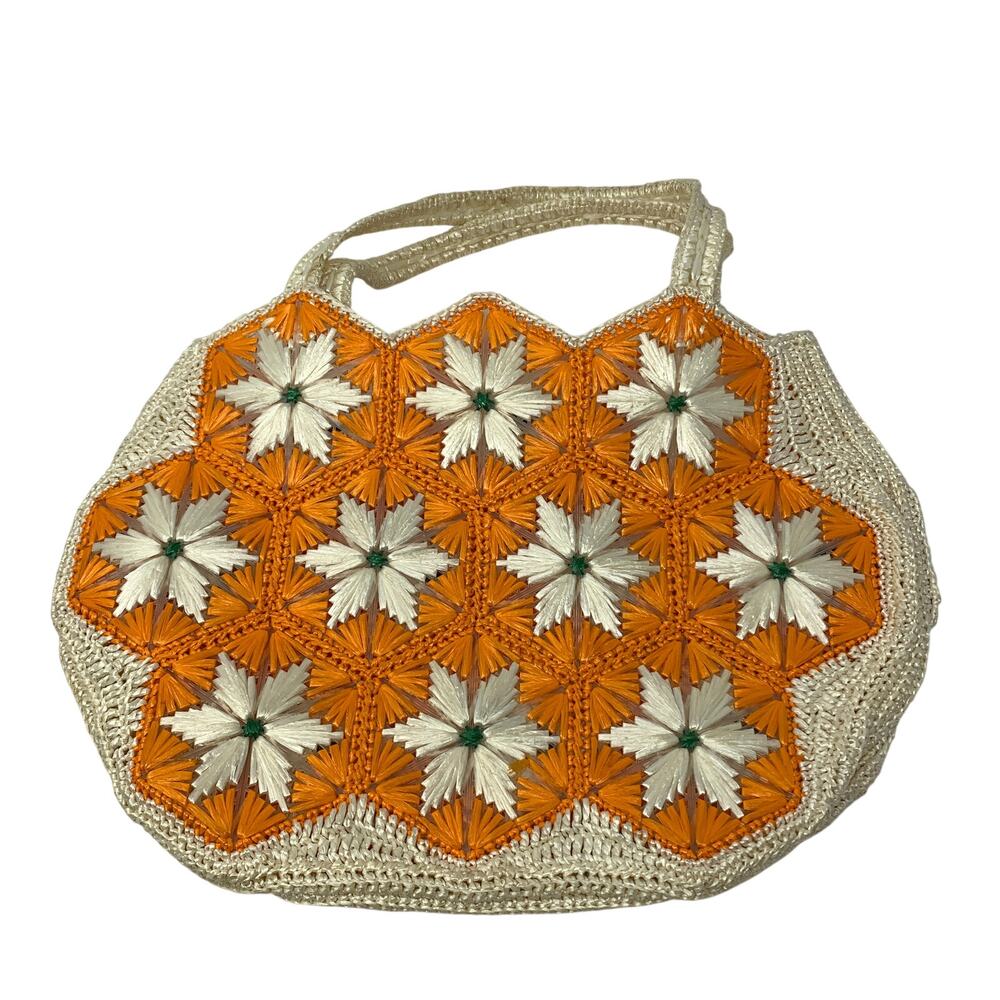 Vintage 70s Handmade Raffia Straw Floral Tote Bag Orange White Boho Beach Purse